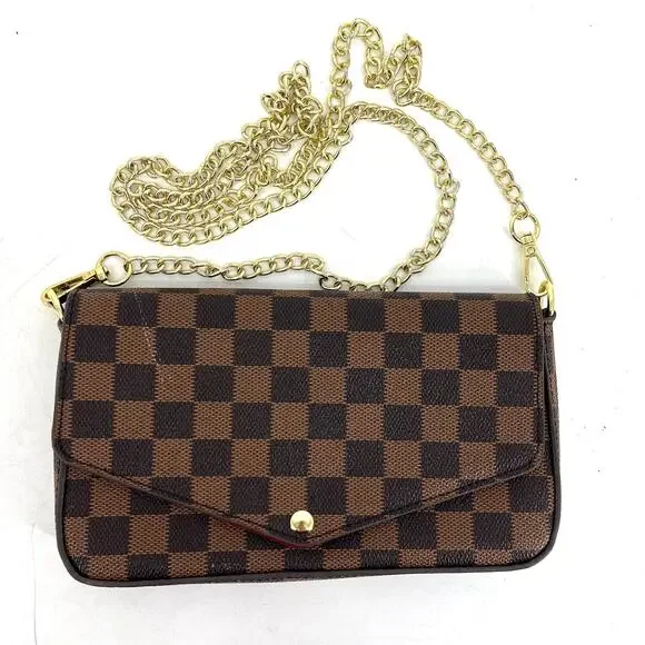 Unbranded Lux Brown Check Small Purse Long Gold Chain Red Lining Faux Leather - Picture 1 of 5